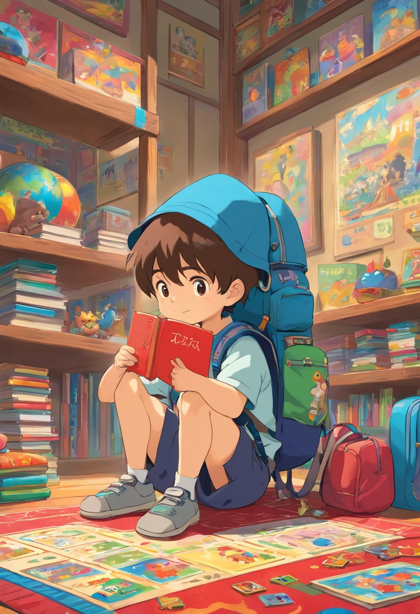 An artistic representation of a little boy with a backpack, sitting cross-legged on a colorful rug in a classroom corner, surrounded by educational toys, puzzles, and books, creating a playful and engaging learning environment.