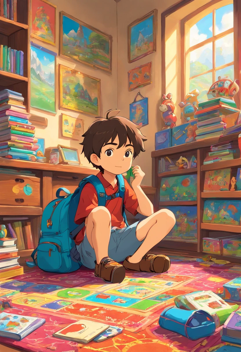 An artistic representation of a little boy with a backpack, sitting cross-legged on a colorful rug in a classroom corner, surrounded by educational toys, puzzles, and books, creating a playful and engaging learning environment.