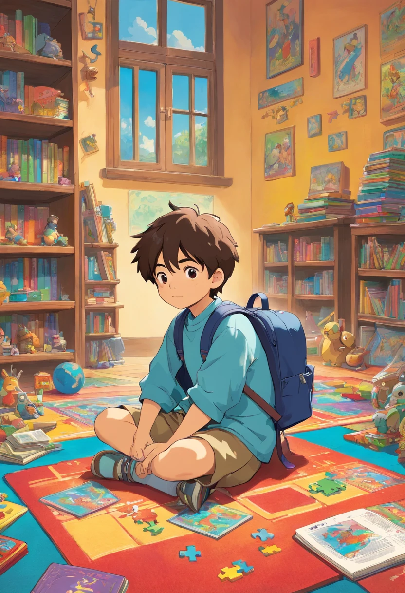 An artistic representation of a with a backpack, sitting cross-legged on a colorful rug in a classroom corner, surrounded by educational toys, puzzles, and books, creating a playful and engaging learning environment.