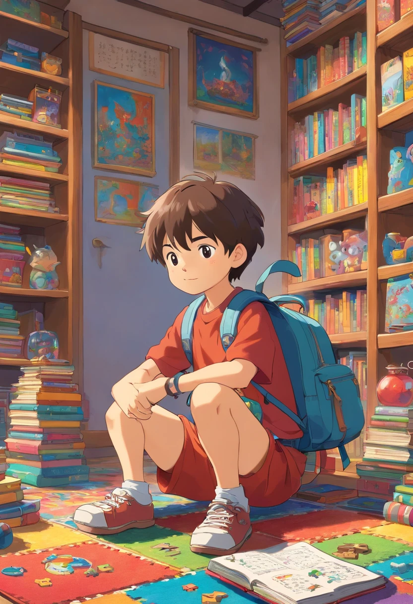 An artistic representation of a little boy with a backpack, sitting cross-legged on a colorful rug in a classroom corner, surrounded by educational toys, puzzles, and books, creating a playful and engaging learning environment.