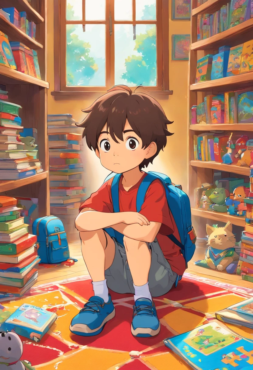 An artistic representation of a with a backpack, sitting cross-legged on a colorful rug in a classroom corner, surrounded by educational toys, puzzles, and books, creating a playful and engaging learning environment.