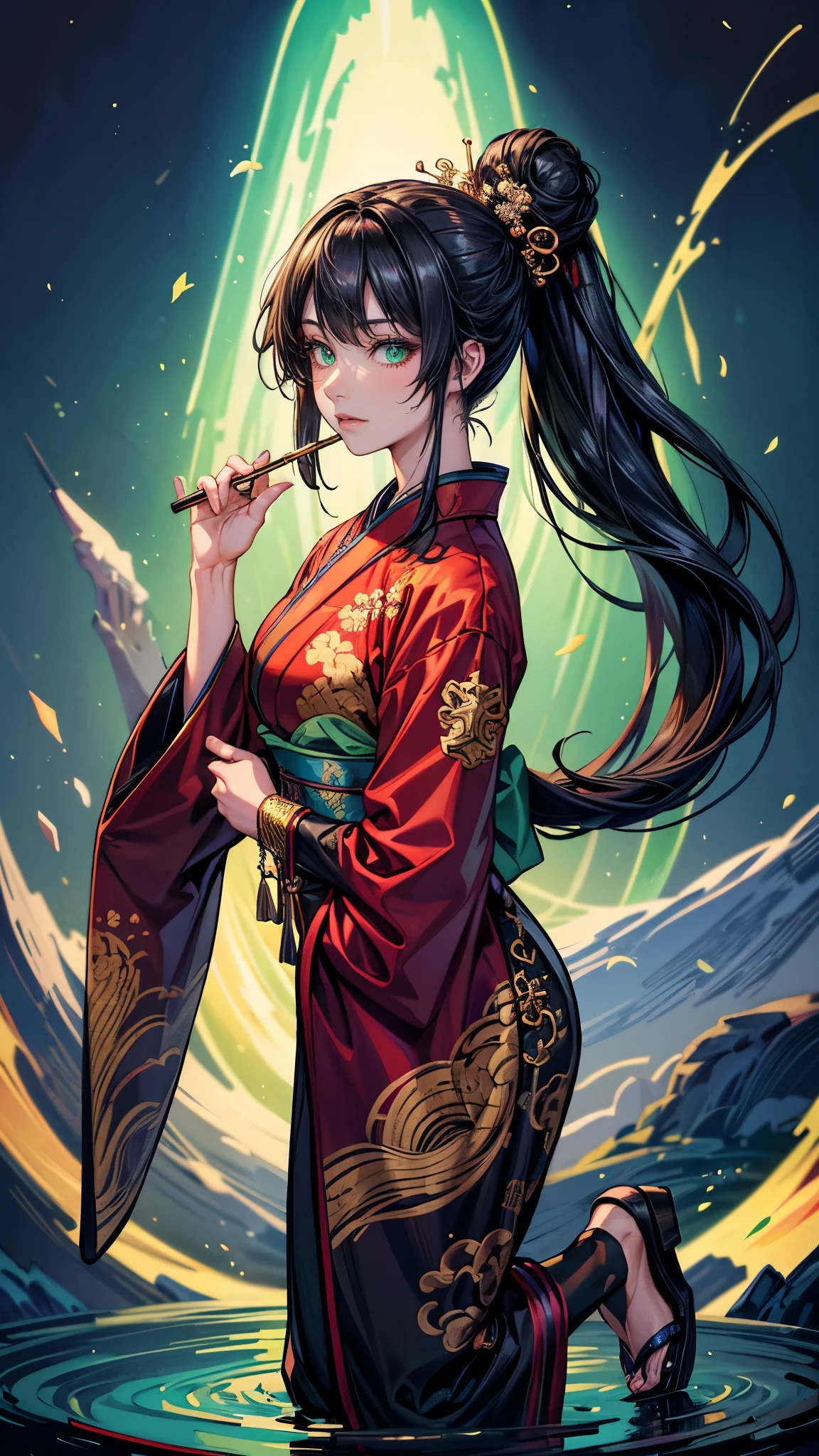 (masterpiece, High quality, absurdity), Detailed eyes and face, Chinese magic costume, ((chinese kimono)), Lace-up sandals, magic, Exorcism of spirits, Chinese monastic attire, the flute, Play the the flute, bright colors, neon lights, A magical forest, day, The sun in the sky, Master of the Devil Cult, Chinese Sword, water drop, very green, 1Woman, black long wavy hair, Messy hair bun, Hair gathered in a ponytail, green eyes, perfect face, perfect body, ((Best quality)), ((masterpiece)),