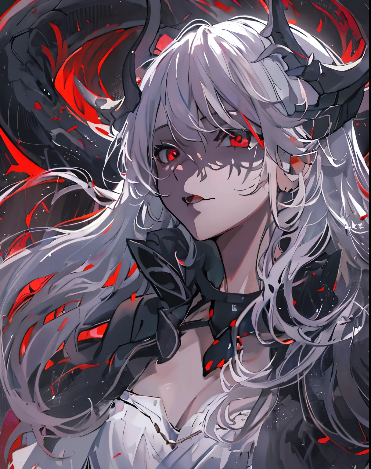 a girl，alone，masterpiece，best quality，white hair，white hair，white hair，red eyes，Blackening，dark，cypress scraper，shadow thing，douchebag，sneering，overlooking，Black shadow，Black viscous liquid，gloomy，Black belly，steady，Barefoot Cthulhu，Face mask，black slime，Compound，Large mouth of blood，，cloak，tentacle，girl，snake，，masterpiece, best quality, best quality,Astonishing,美丽的red eyes,fine details,depth of field,Extremely detailed CG unified 8k wallpaper, masterpiece,(((dark white hair))),leader,(shadowy mist),{flowing hair},{thick skull},(Ruins of beautiful details),{Character close-up},(((whole body))),(The skin is smooth and shiny),(Smooth face、Radiant hair),perfect details,Beautifully gorgeous necklace,