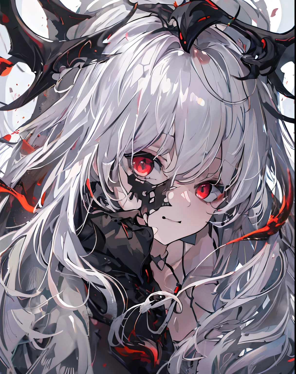 a girl，alone，masterpiece，best quality，white hair，white hair，white hair，red eyes，Blackening，dark，cypress scraper，shadow thing，douchebag，sneering，overlooking，Black shadow，Black viscous liquid，gloomy，Black belly，steady，Barefoot Cthulhu，Face mask，black slime，Compound，Large mouth of blood，，cloak，tentacle，girl，snake，，masterpiece, best quality, best quality,Astonishing,美丽的red eyes,fine details,depth of field,Extremely detailed CG unified 8k wallpaper, masterpiece,(((dark white hair))),leader,(shadowy mist),{flowing hair},{thick skull},(Ruins of beautiful details),{Character close-up},(((whole body))),(The skin is smooth and shiny),(Smooth face、Radiant hair),perfect details,Beautifully gorgeous necklace,