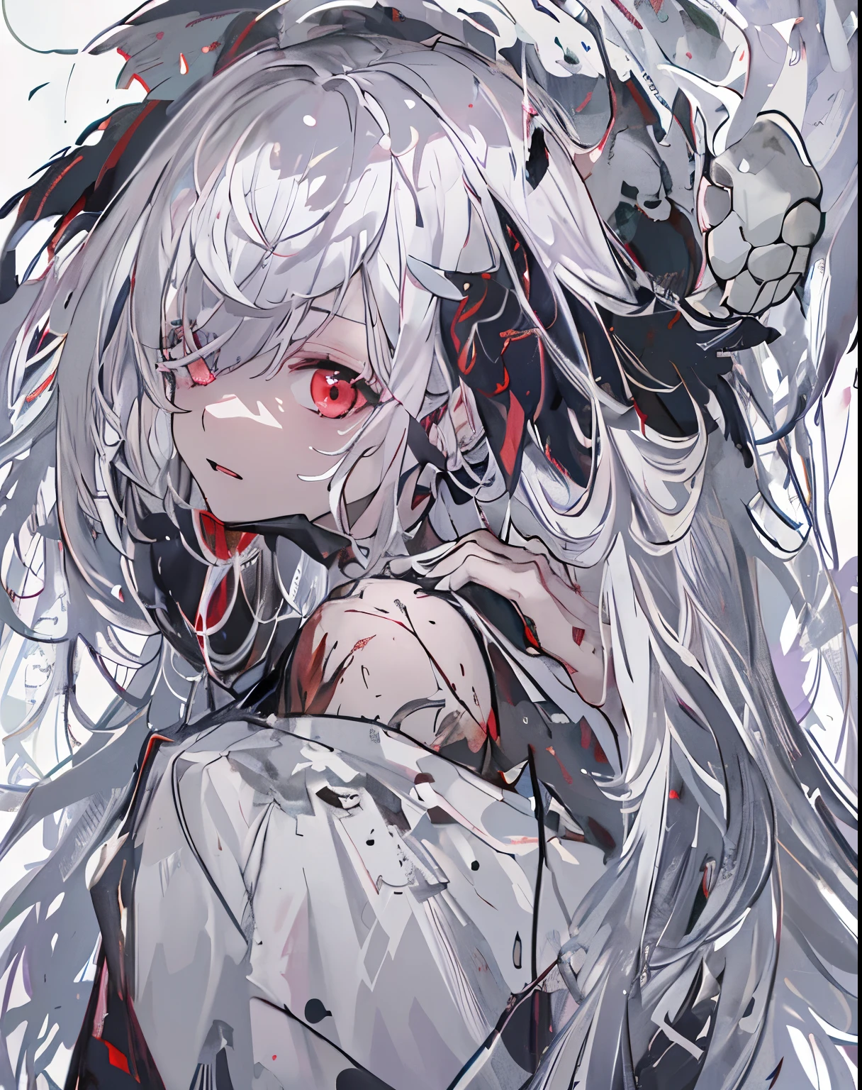 a girl,alone,masterpiece,best quality,white hair,white hair,white hair,red eyes,Blackening,dark,cypress scraper,shadow thing,?????????,sneering,overlooking,Black shadow,Black viscous liquid,gloomy,Black belly,steady,Barefoot Cthulhu,Face mask,black slime,Compound,Large mouth of blood,,cloak,tentacle,girl,snake,,masterpiece, best quality, best quality,Astonishing,美丽的red eyes,fine details,depth of field,Extremely detailed CG unified 8k wallpaper, masterpiece,(((dark white hair))),leader,(shadowy mist),{flowing hair},{thick skull},(Ruins of beautiful details),{Character close-up},(((whole body))),(The skin is smooth and shiny),(Smooth face、Radiant hair),perfect details,Beautifully gorgeous necklace,