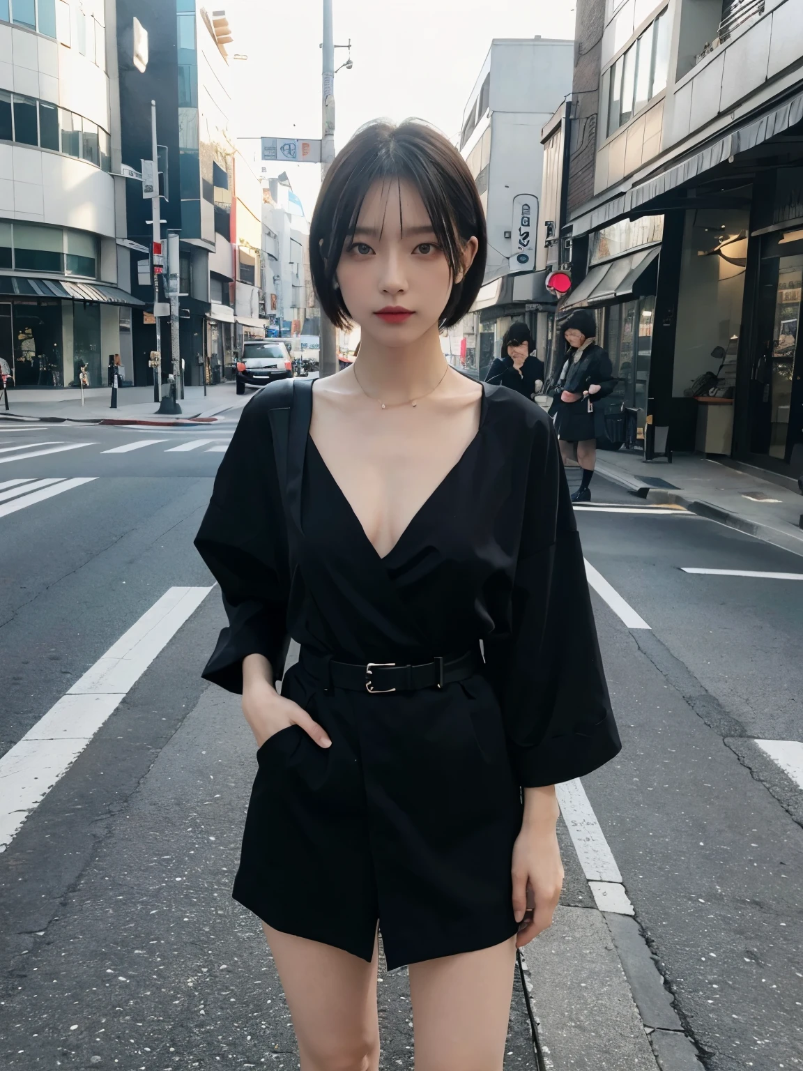 Bewitching eyes, well-balanced eyes, //street snap //wearing "HERMÈS" clothes, //breast focus, ((facing viewer)), //at the street in tokyo, //japanese lady, pale skin, bob cut, black hair, dark blue hair, blunt bangs,//((standing)), high quality:1.3, Professional lighting:2.0 realistic:1.2, 4k resolution, detailed skin, masterpiece:1.1