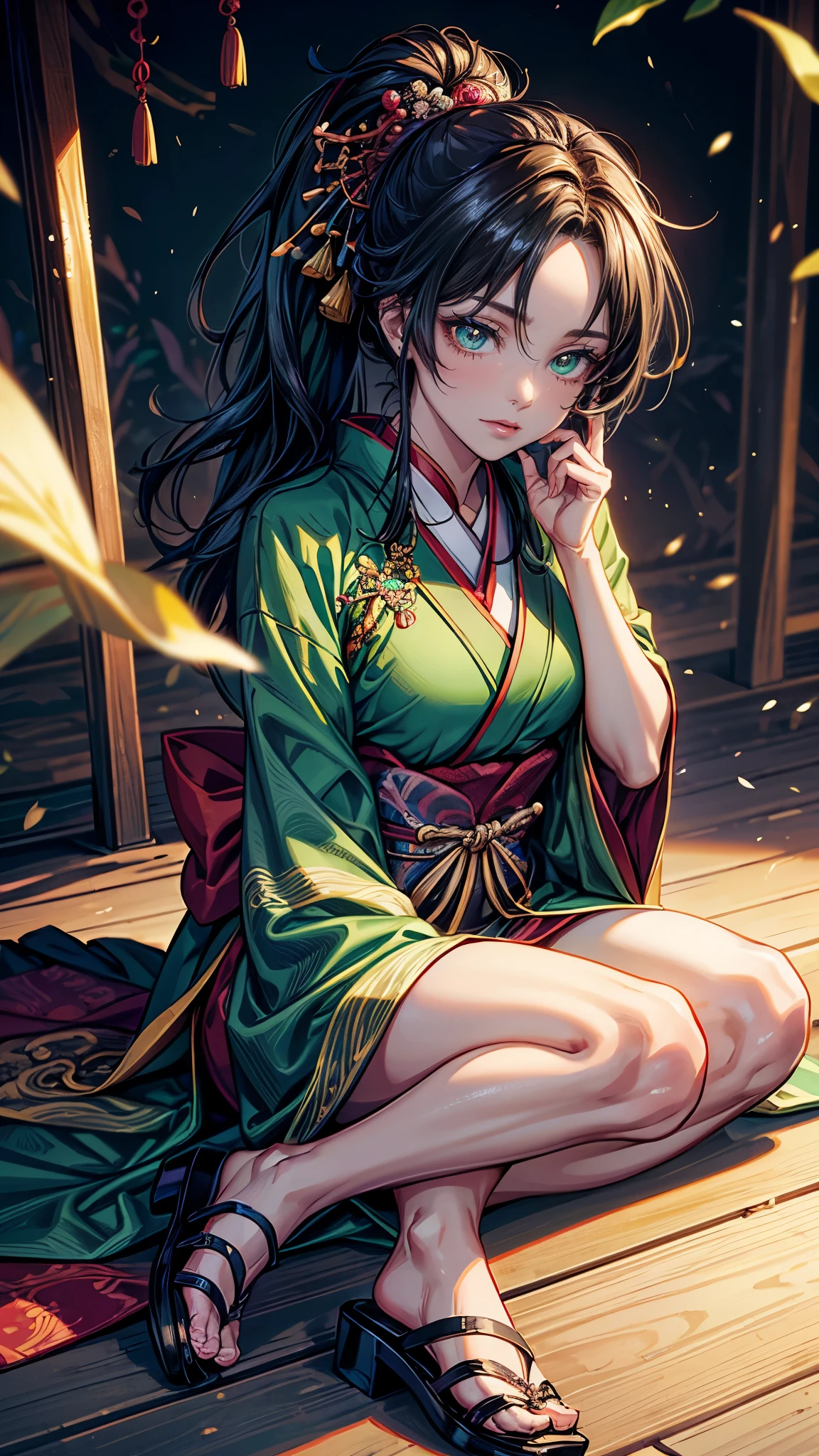 (masterpiece, High quality, absurdity), Detailed eyes and face, Chinese magic costume, ((chinese kimono)), Lace-up sandals, magic, Exorcism of spirits, Chinese monastic attire, the flute, Play the the flute, bright colors, neon lights, A magical forest, day, The sun in the sky, Master of the Devil Cult, Chinese Sword, water drop, very green, 1Woman, black long wavy hair, Messy hair bun, Hair gathered in a ponytail, green eyes, perfect face, perfect body, ((Best quality)), ((masterpiece)),