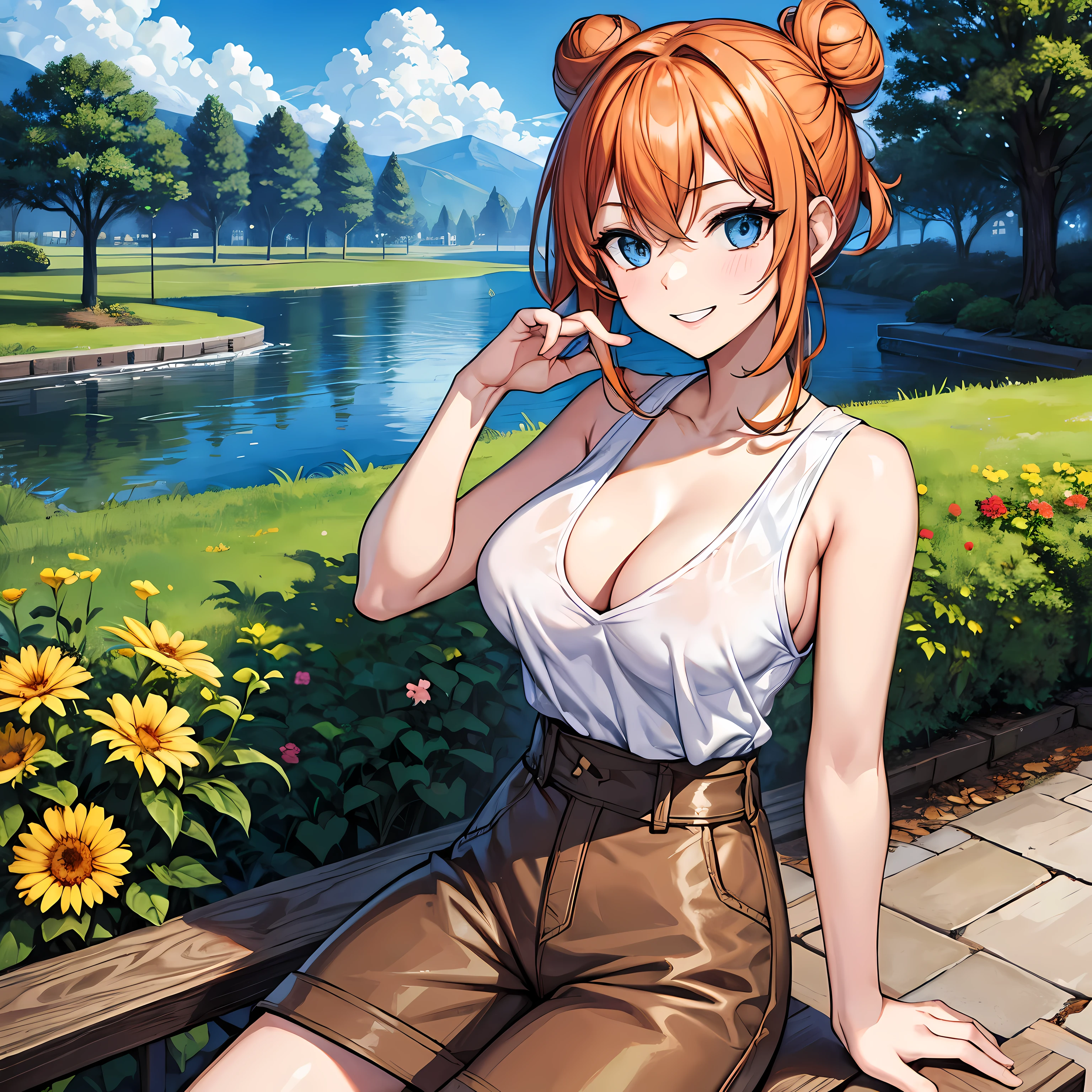 (obra maestra), Mejor calidad, ojos expresivos, cara perfecta, 1 chica, Solo, chica poco femenina, mujer madura, pechos grandes, escote, orange hair BREAK buns, camiseta sin mangas blanca BREAK pantalones cortos sonrisa, de pie, blue eyes BREAK flower garden, cielo azul ROMPER colinas verdes ROMPER hierba 