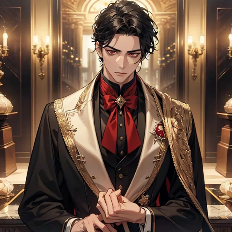 (best quality,4k,8k,highres,masterpiece:1.2),ultra-detailed,realistic,serious mature man with red eyes and black hair, tall,height, well-defined physique, wearing a butler outfit, serious expression, elegant posture,and confident look, in a grand mansion,exquisite decorations, gold accents, tasteful furnishings, marble floors, dim lighting, casting a warm glow, creating a mysterious atmosphere,portrait,detailed eyes and lips,sharp focus,professional,vivid colors,bokeh.