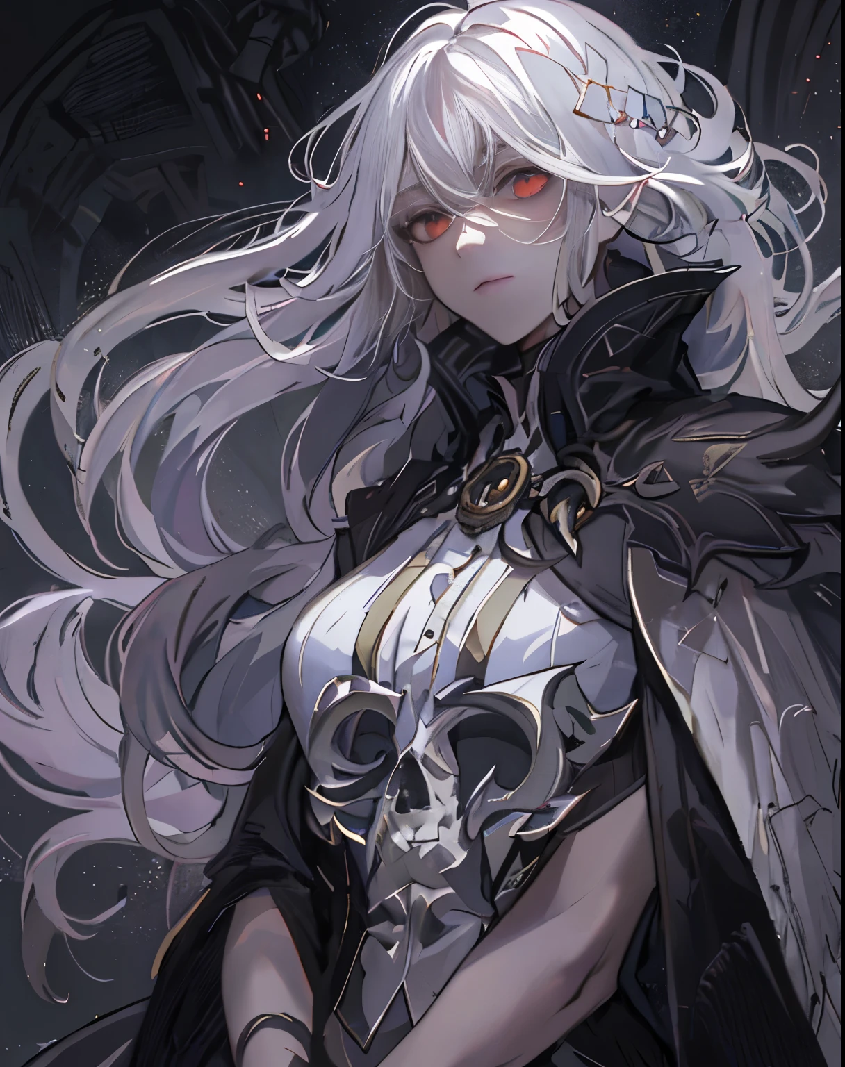 a girl,Looking into the distance from the castle,,alone,masterpiece,best quality,white hair,golden eyes,Blackening,dark,shadow thing,douchebag,sneering,overlooking,Black shadow,Black viscous liquid,gloomy,Black belly,steady,Barefoot Cthulhu,Face mask,cloak,girl,,masterpiece, best quality, best quality,Astonishing,beautiful red eye,fine details,depth of field,Extremely detailed CG unified 8k wallpaper, masterpiece,(((dark white hair))),leader,(shadowy mist),{flowing hair},{thick skull},(Ruins of beautiful details),{Character close-up},(((whole body))),(The skin is smooth and shiny),(Smooth face、Radiant hair),perfect details,Exquisite ornate medal