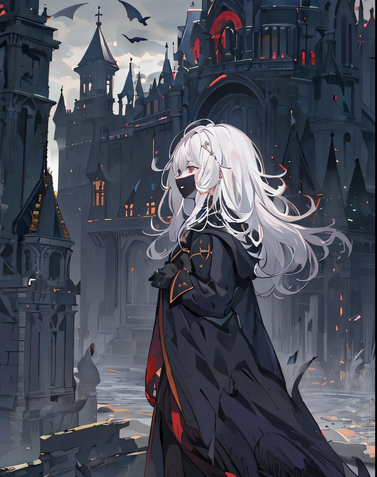a girl,Looking into the distance from the castle,,alone,masterpiece,best quality,white hair,golden eyes,Blackening,dark,shadow thing,douchebag,sneering,overlooking,Black shadow,Black viscous liquid,gloomy,Black belly,steady,Barefoot Cthulhu,Face mask,cloak,girl,,masterpiece, best quality, best quality,Astonishing,beautiful red eye,fine details,depth of field,Extremely detailed CG unified 8k wallpaper, masterpiece,(((dark white hair))),leader,(shadowy mist),{flowing hair},{thick skull},(Ruins of beautiful details),{Character close-up},(((whole body))),(The skin is smooth and shiny),(Smooth face、Radiant hair),perfect details,Exquisite ornate medal