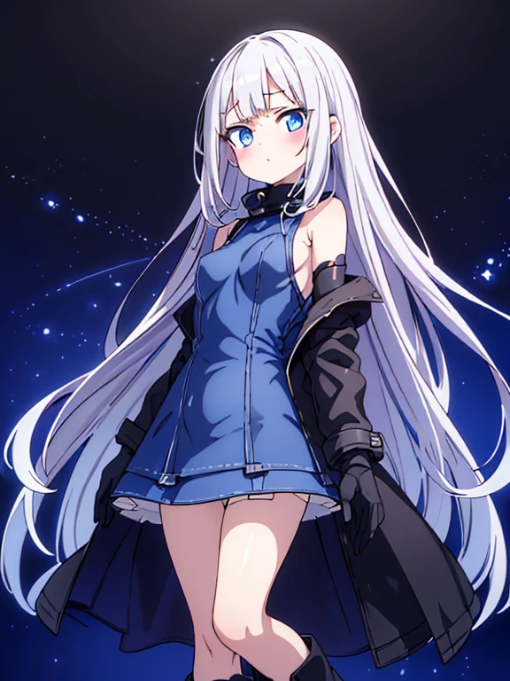best quality,[[[[[[[[extra limbs]]]]]]]],[[[[extra digit]]]],[[[[fewer digit]]]],(1girl),(woman),full body,wariza,pale skin,(petite),silver hair,((long hair)),straight hair,[[[hair band]]],blue eyes,blush,(((small breasts))),(((denim dress))),bare shoulders,(((clothes black coat))),grilled semilong skirt,boots,elbow gloves,megami magazine,