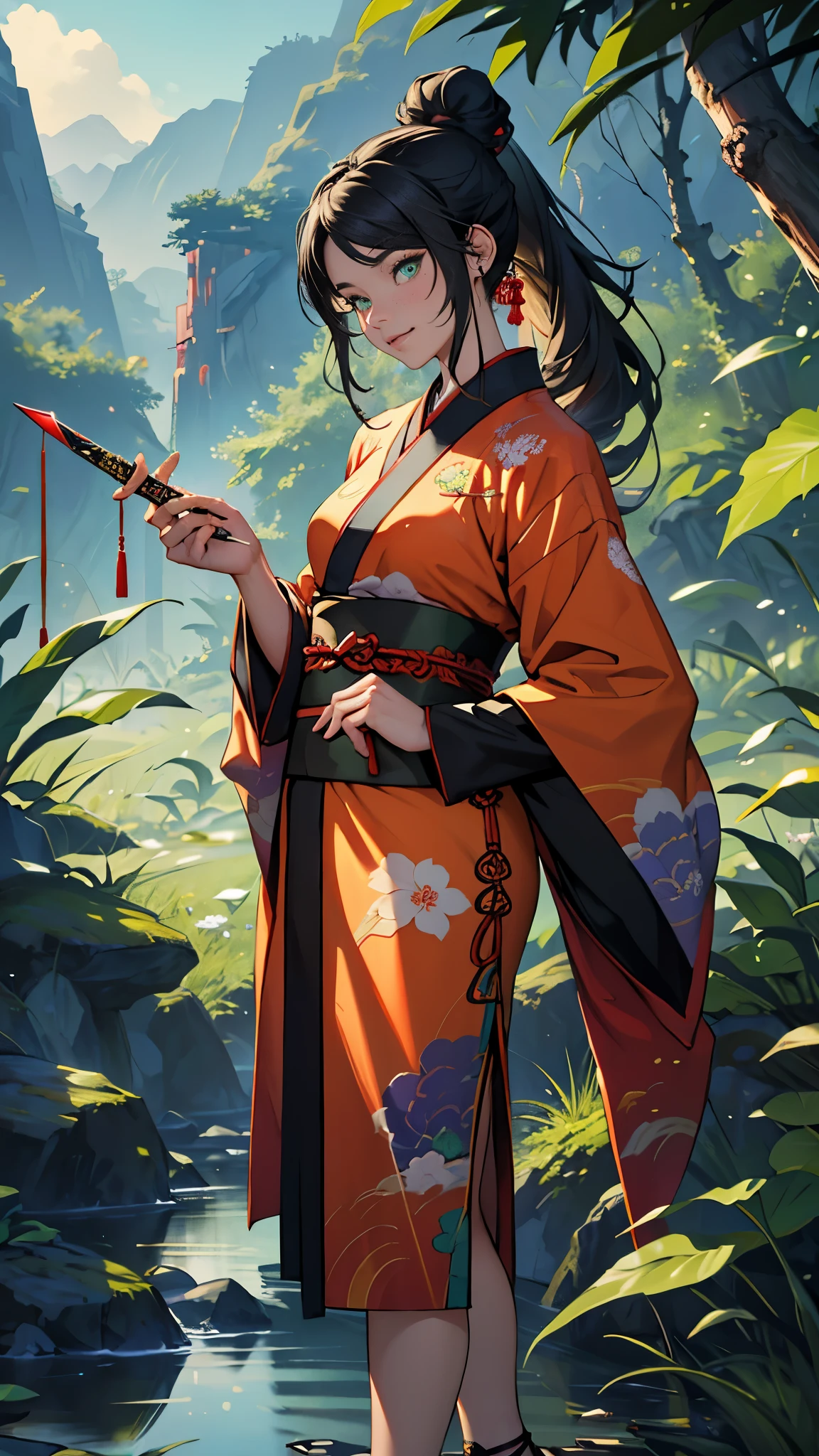 (masterpiece, High quality, absurdity), Detailed eyes and face, Chinese magic costume, ((chinese kimono)), Lace-up sandals, magic, Exorcism of spirits, Chinese monastic attire, the flute, Play the the flute, bright colors, neon lights, A magical forest, day, The sun in the sky, Master of the Devil Cult, Chinese Sword, water drop, very green, 1Woman, black long wavy hair, Messy hair bun, Hair gathered in a ponytail, green eyes, perfect face, perfect body, ((Best quality)), ((masterpiece)),