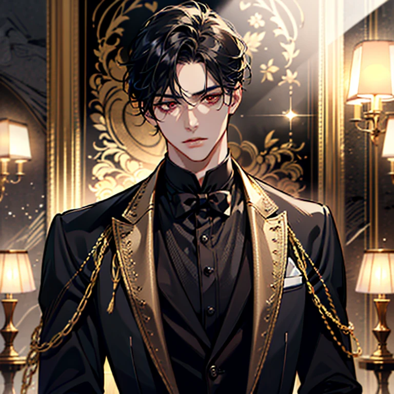 (best quality,4k,8k,highres,masterpiece:1.2),ultra-detailed,realistic,serious mature man with red eyes and black hair, tall,height, well-defined physique, wearing a butler outfit, serious expression, elegant posture,and confident look, in a grand mansion,exquisite decorations, gold accents, tasteful furnishings, marble floors, dim lighting, casting a warm glow, creating a mysterious atmosphere,portrait,detailed eyes and lips,sharp focus,professional,vivid colors,bokeh.