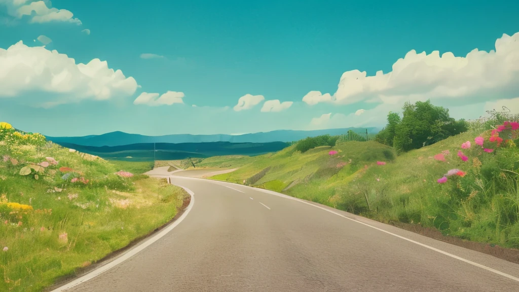 morning,summertime,Uphill highway leading to the horizon,The road is lined with green grass,flowers bloom,Blue sky,There is no cloud, beautiful new mexico, Super real,Big sky, amazing views,black hair, Surrealism, cinematic lighting, 8k, super detail, masterpiece, ccurate, 16k, high quality, high details