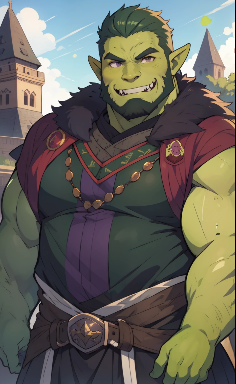 Large medieval tower in the background, 1 orc, orc male, (((green skin))), (((fangs))), old mature chubby male, black hair, grizzly hair, black beard, purple eyes, bara, fat, wearing a magical suit, black and purple suit, elsword style, happy expression, high resolution:1.2, best quality, master part, daylight, Reflection of lens, upper body shot