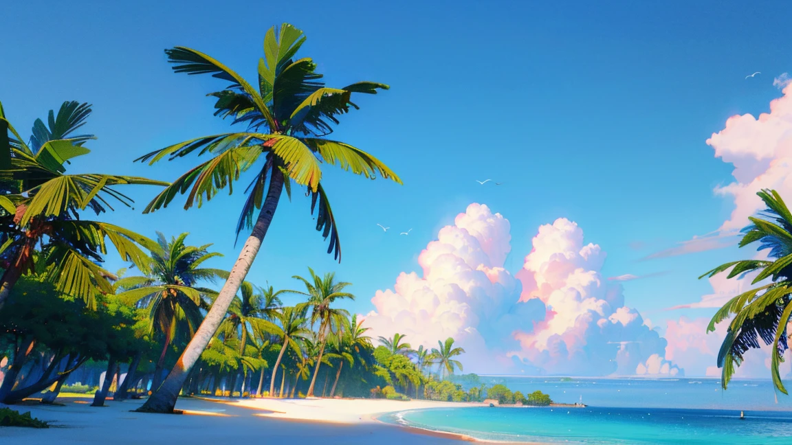 (best quality,4k,8k,highres,masterpiece:1.2),ultra-detailed,(realistic,photorealistic,photo-realistic:1.37),tropical island,tall palm trees,fluffy clouds,crystal clear ocean,blue sky,landscape,vibrant colors,gentle breeze,natural beauty,sandy beach,tropical paradise,warm sunlight,serene atmosphere,spectacular view,waves crashing,splashing water,seagulls flying,coconut trees swaying,tranquil surroundings,blissful tranquility