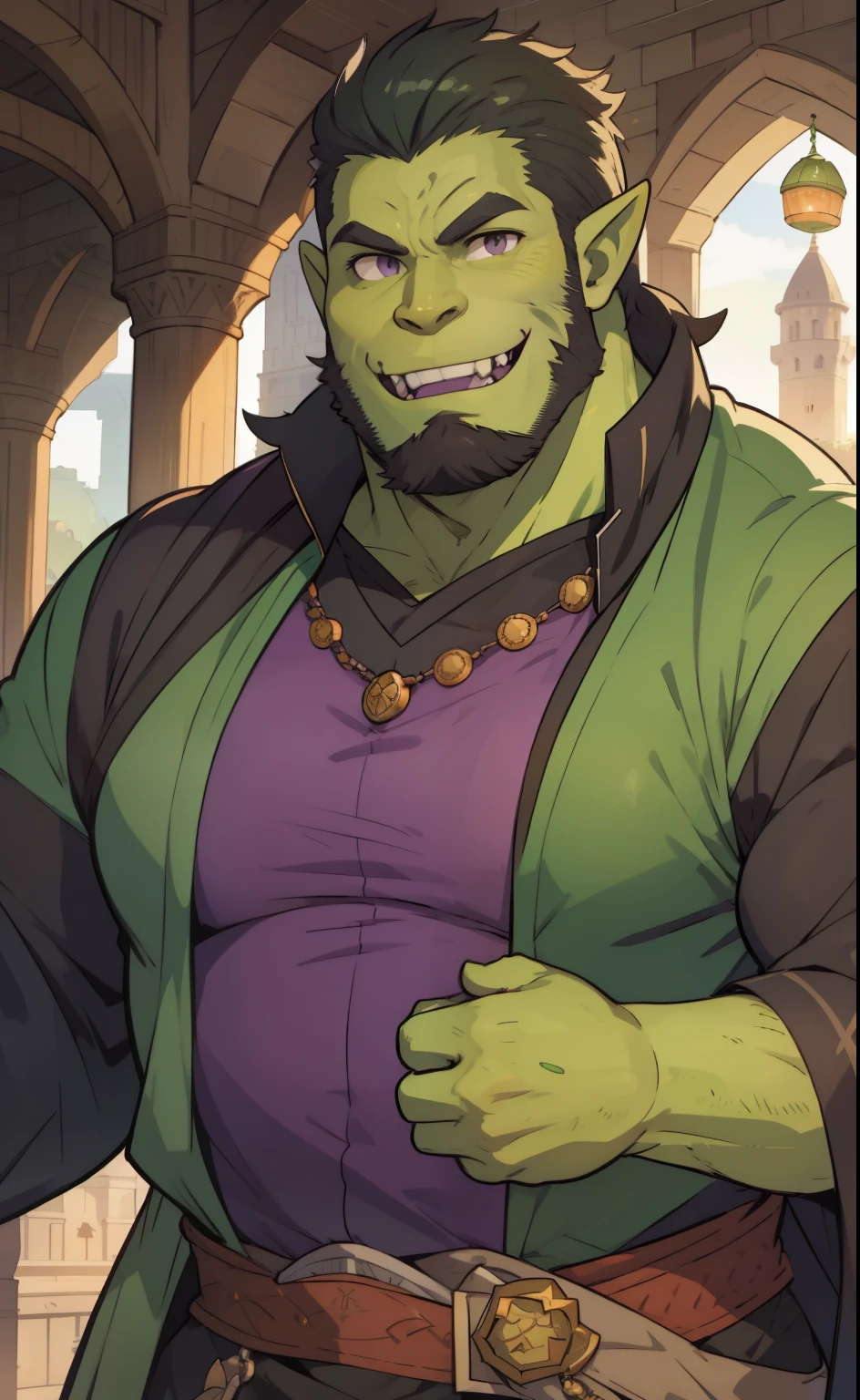 Large medieval tower in the background, 1 orc, orc male, (((green skin))), (((fangs))), old mature chubby male, black hair, grizzly hair, black beard, purple eyes, piercings, bara, fat, wearing a magical suit, black and purple suit, elsword style, happy expression, high resolution:1.2, best quality, master part, daylight, Reflection of lens, upper body shot