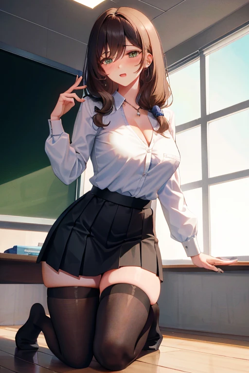 Lisa, genshin impact, 1 girl, alone, ((white shirt)), black Thighhighs, huge breasts, cleavage, uniform, office background, black skirt, pleated skirt, office, hair between eyes, messy hair, large chest, long hair, looking at the viewer, brown hair, red short nails, green eyes, alone, Thighhighs, sexy thighs, very long hair, ((masterpiece)), classroom, board, class board, Teaching, open your mouth, Close ~ eyes, blush, adult woman, Ecchi Woman, (kneeling pose), emphasize the chest,