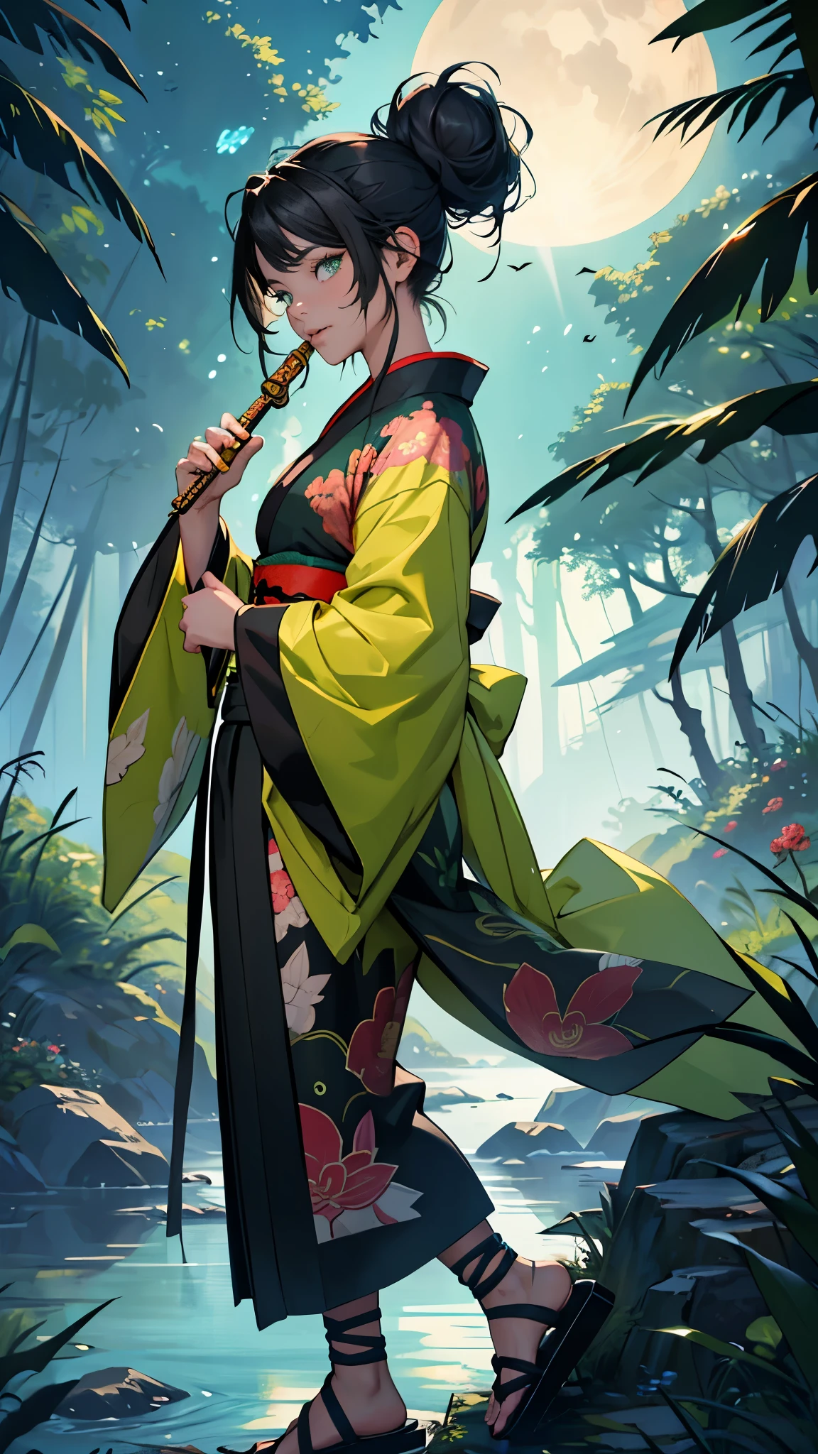 (masterpiece, High quality, absurdity), Detailed eyes and face, Chinese magic costume, ((chinese kimono)), Lace-up sandals, magic, Exorcism of spirits, Chinese monastic attire, the flute, Play the the flute, bright colors, neon lights, A magical forest, day, The sun in the sky, Master of the Devil Cult, Chinese Sword, water drop, very green, 1Woman, black long wavy hair, Messy hair bun, Hair gathered in a ponytail, green eyes, perfect face, perfect body, ((Best quality)), ((masterpiece)),