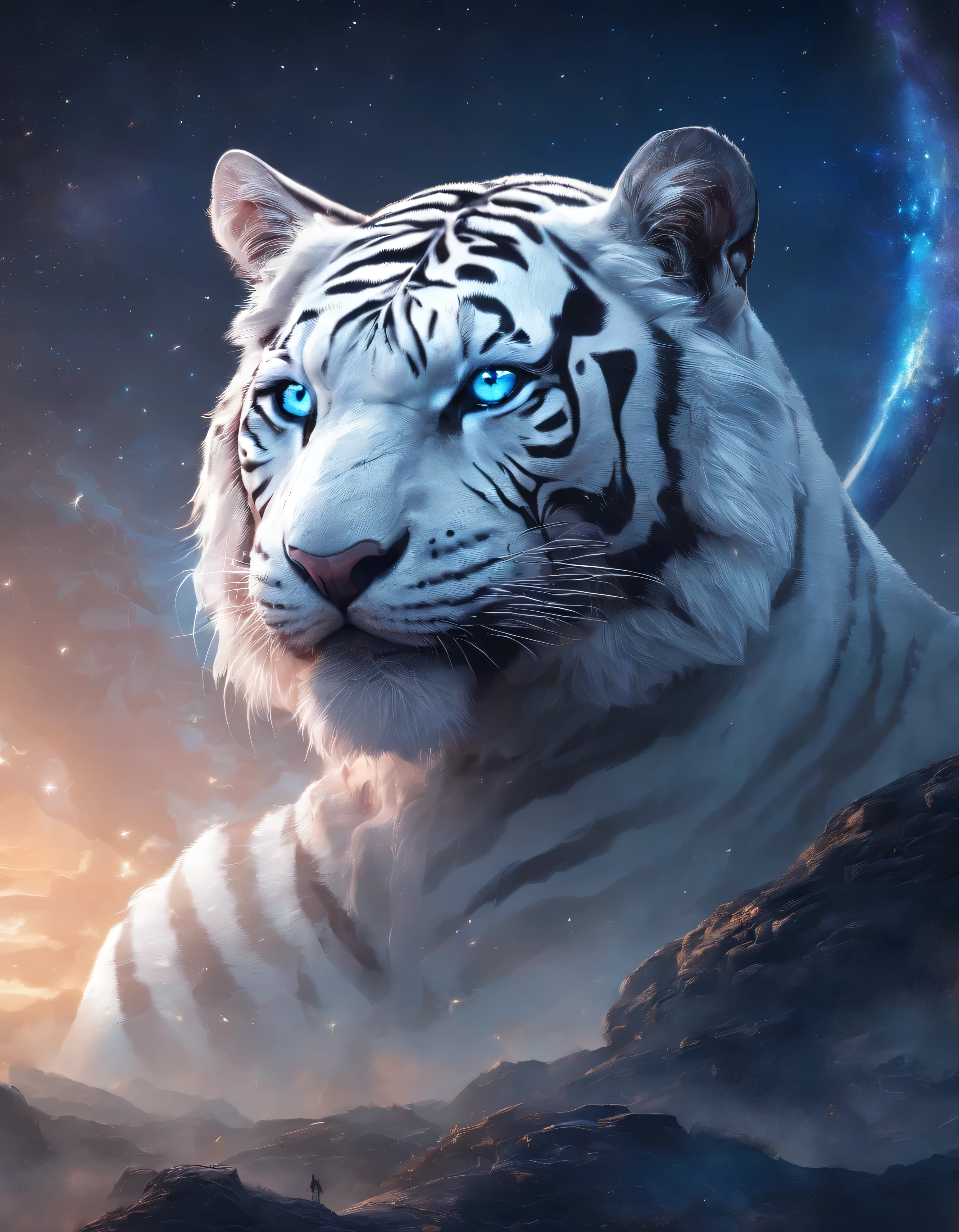 divinity,ferocious,huge,light shines,glow effect,night,Looks like a whole body, Highly detailed surreal VFX,oc rendering,Shot with 70mm - AR 16:9 --q 2 --s 1000, ((highest quality, 8K)), (realistic), (face focus: 1.1), White Tiger, beneath the stars, blue eyes, moon, 8K, eye details