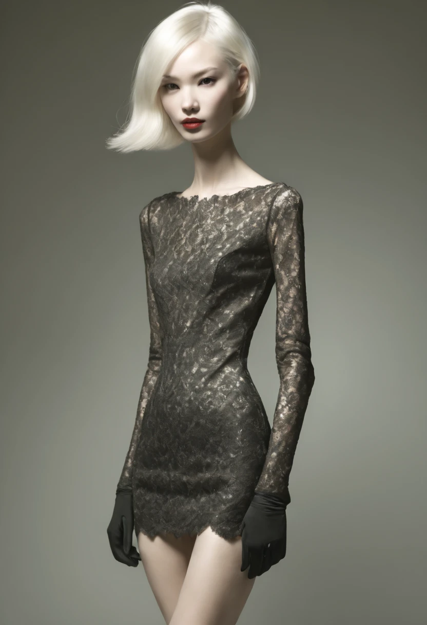 A realistically looking (slender:1.8) woman, her body morphs into her tight clothes, black extreme high-heels, black pantyhose, long neck, short white hair, bob hairstyle, long gloves, (full body capture:2.0), extremely detailed. lace black under-dresses.