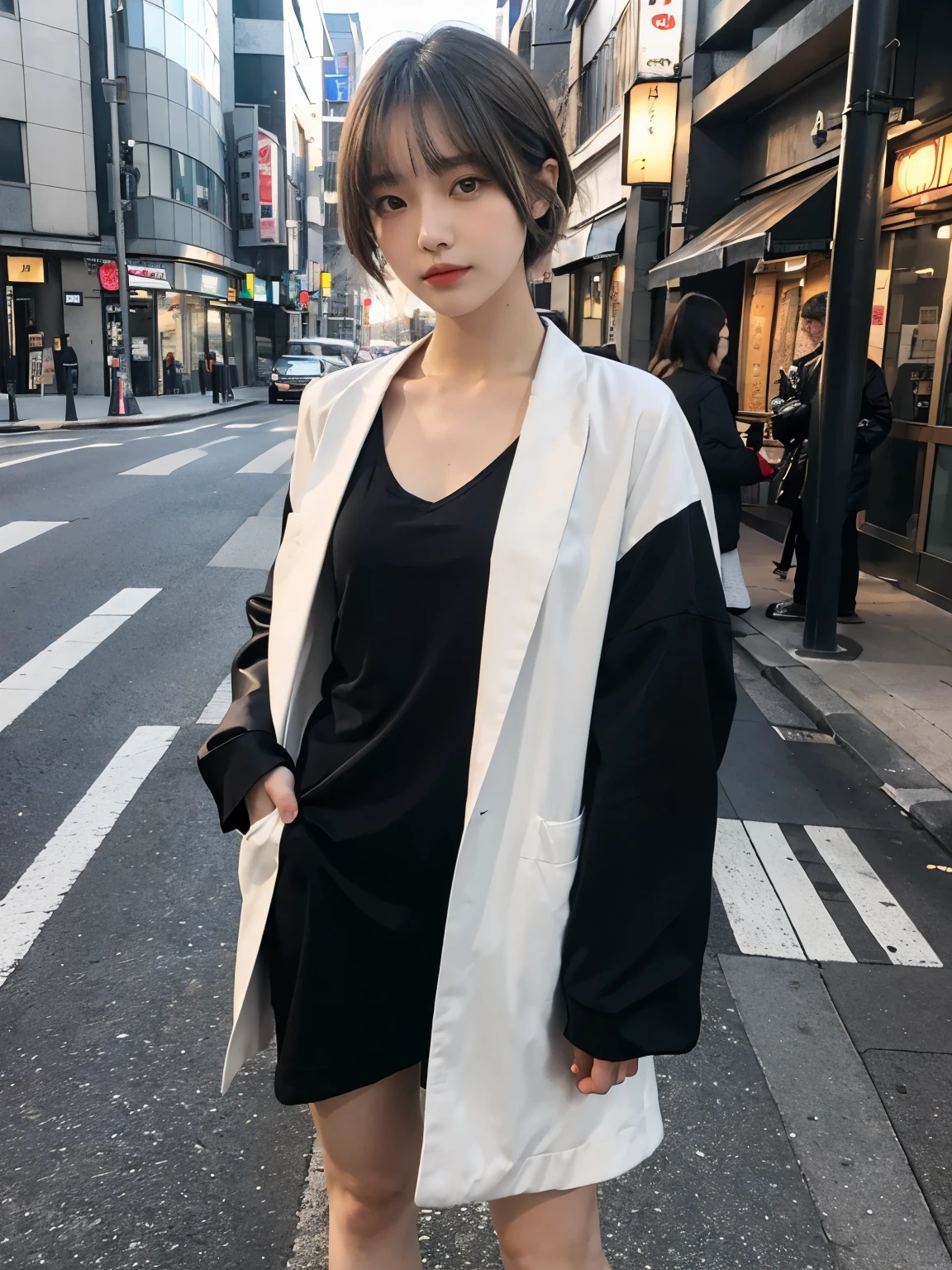 Bewitching eyes, well-balanced eyes, //street snap //wearing fashionable "Yohji Yamamoto" clothes, //breast focus, ((facing viewer)), //at the street in tokyo, //japanese lady, pale skin, very short hair, gray hair, blunt bangs,//((standing)), high quality:1.3, Professional lighting:2.0 realistic:1.2, 4k resolution, detailed skin, masterpiece:1.1