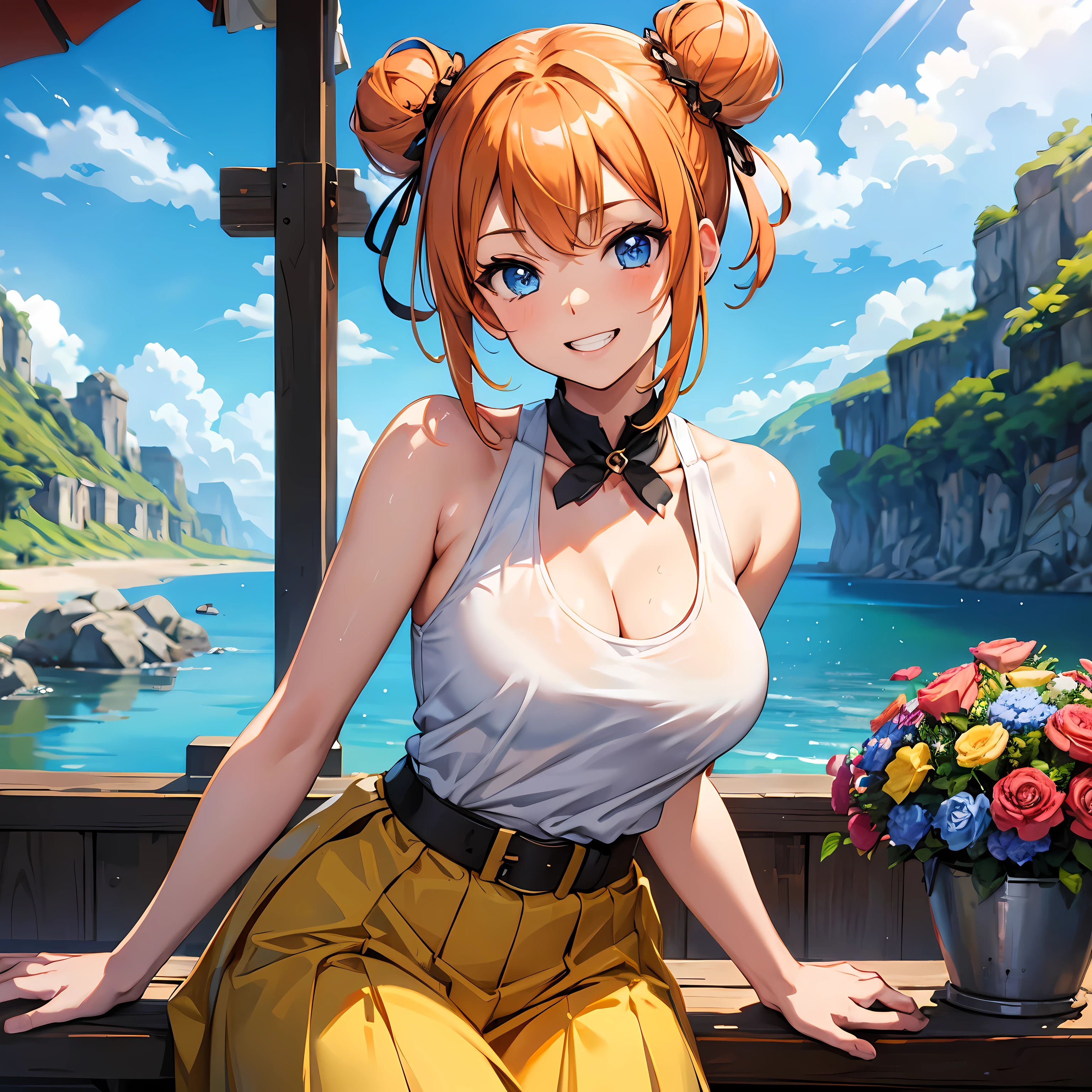 (obra maestra), Mejor calidad, ojos expresivos, cara perfecta, 1 chica, Solo, chica poco femenina, mujer madura, pechos grandes, escote, orange hair BREAK buns, camiseta sin mangas blanca BREAK falda amarilla BREAK sonrisa, sonrisa, blue eyes BREAK flower garden, cielo azul DESCANSO colinas verdes DESCANSO 
