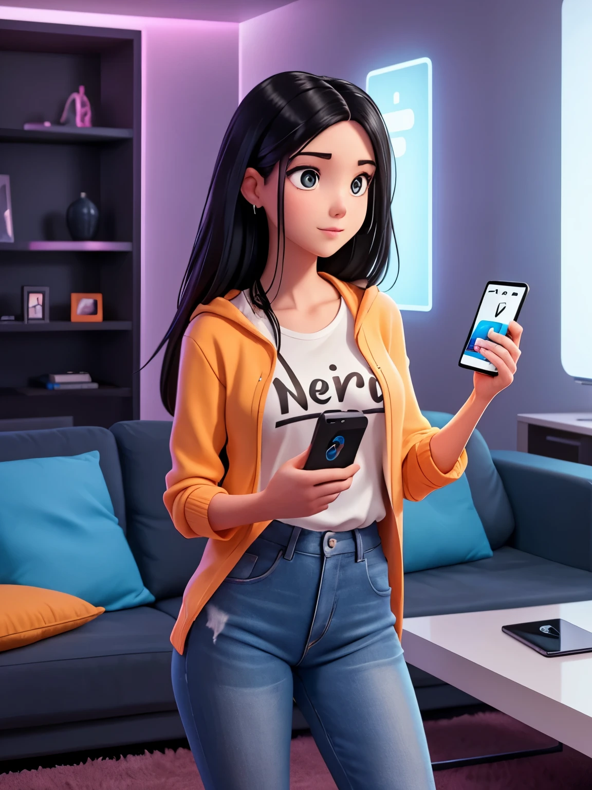 woman, young, white, black hair, on social media, in her living room, with iPhone cell phone in her hand accessing Instagram, neon lights, blue and orange