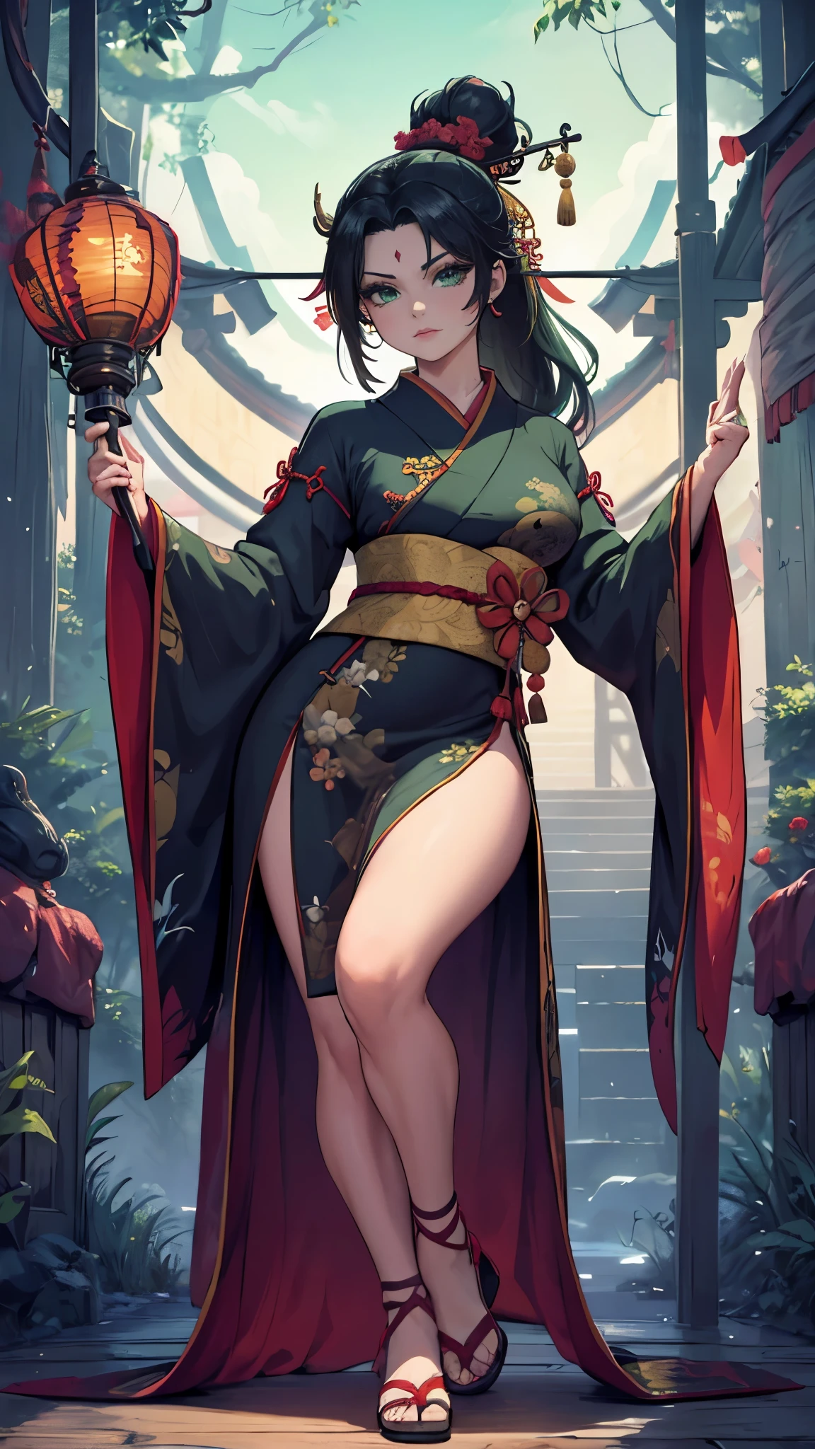 official art, Unity 8k wallpaper, super detailed, beautiful, beautiful, masterpiece, best quality, mystery, romanticism, horror, literature, art, fashion, tang dynasty era, decoration, intricate, embroidery, green hanfu, green tulle, 1 girl, big breasts, black hair, fatalism, bust composition, dramatic composition, movie lighting, dynamic perspective, sexy, bare shoulders, bare thighs, full of temptation, deep in bamboo forest, bamboo forest, bamboo leaves falling, small red flowers, bamboo forest background, cloudy mist, dramatic composition,