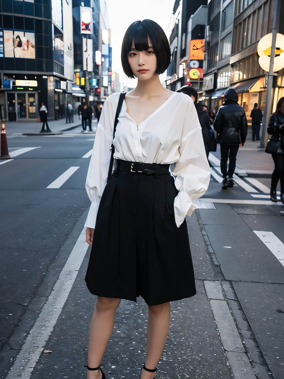 Bewitching eyes, well-balanced eyes, //street snap //wearing fashionable "MAISON MARGIELA" clothes, //breast focus, ((facing viewer)), //at the street in tokyo, //japanese lady, pale skin, very short hair, black hair, white streaked hair, blunt bangs,//((standing)), high quality:1.3, Professional lighting:2.0 realistic:1.2, 4k resolution, detailed skin, masterpiece:1.1