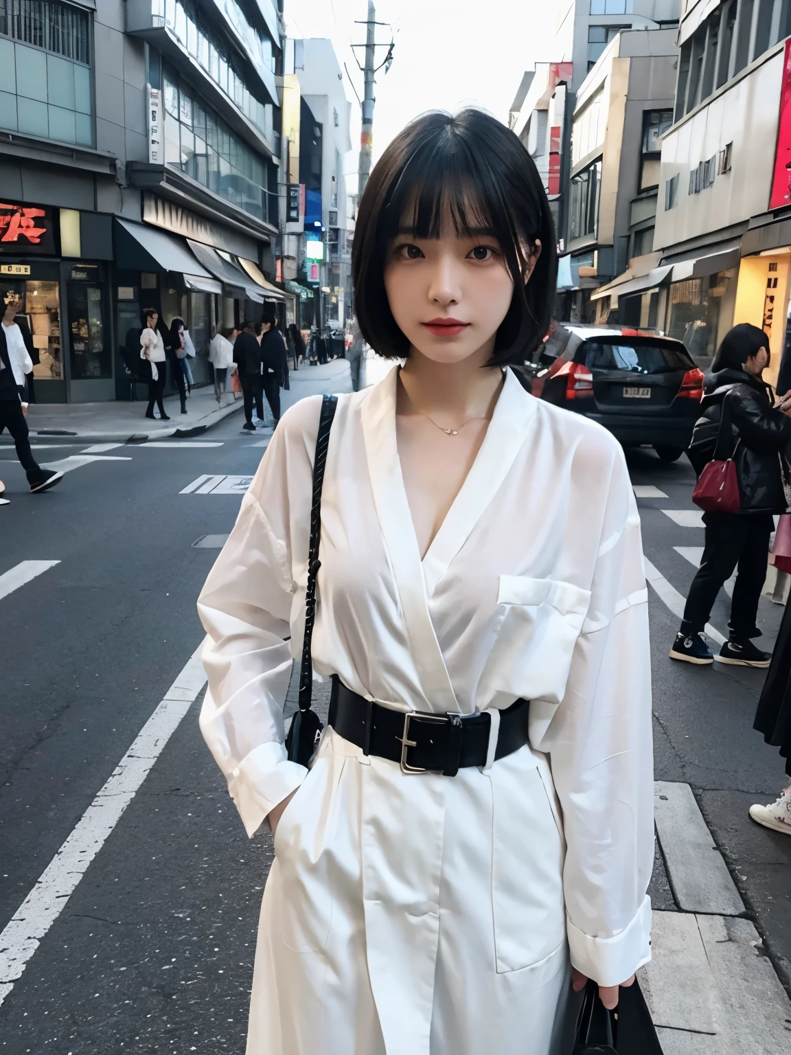 Bewitching eyes, well-balanced eyes, //street snap //wearing fashionable "MAISON MARGIELA" clothes, //breast focus, ((facing viewer)), //at the street in tokyo, //japanese lady, pale skin, very short hair, black hair, white streaked hair, blunt bangs,//((standing)), high quality:1.3, Professional lighting:2.0 realistic:1.2, 4k resolution, detailed skin, masterpiece:1.1