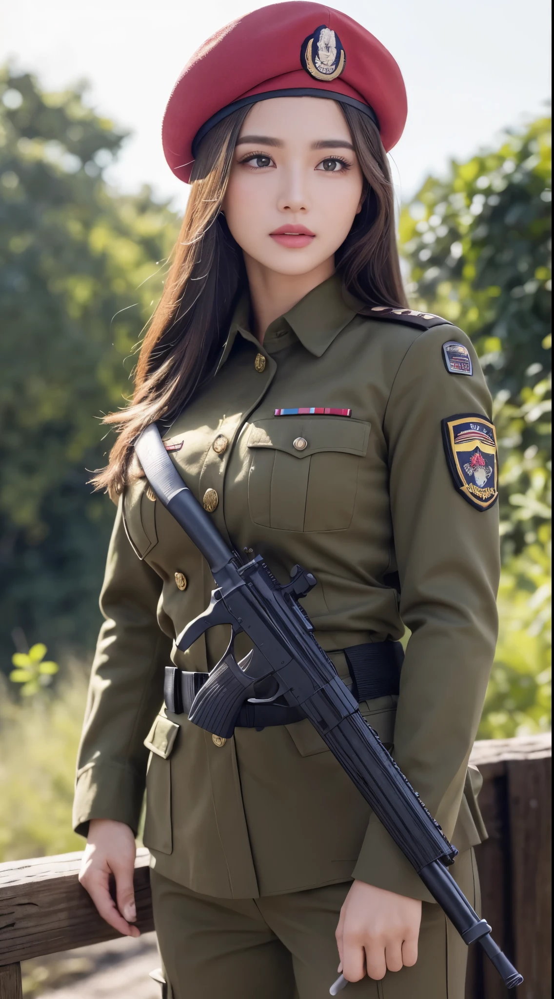 ((Best Quality, 8k, Masterpiece:1.3)), Focus:1.2, Perfect Body Beauty:1.4, ((Delicate Hair)), (Military Uniform:1.1), (Red Beret Army: 1.1), (Firearms: 1.1), (Soldier Uniform: 1.1), Military Coat: 1.1) Highly detailed face and skin texture, Detailed eyes, Double eyelids, whitening skin, Big breasts, smile, in the jungle, super detailed face, super detailed eyes, super detailed, hands, super detailed fingers, super detailed body, super fine body, super fine face, super fine eyes, super fine fingers, super fine hands, super fine foots, Holding firearms, rifle, Soldier, Perfect Soldier, weapon, rifle, special force, military, Super detailed firearms, Super Detailed Military Coat, Army, Super fine firearms, Super detailed Beret, Super detailed firearms, Super realistic firearms, super detailed rifle, super realistic, muscular, female soldier, Commissioned Officer, high ranking officer, general rank, with a view of the self-propelled artillery behind her, Super Detailed red beret, realistic view, perfect lighting, military vehicle, army beret, candid