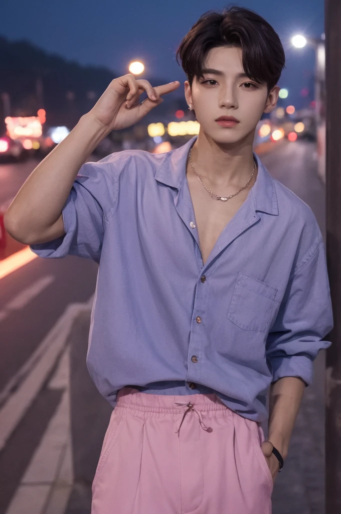 Mejor calidad,obra maestra,high resolution,1 chico,Modelo de moda,enfoque masculino,Solo,city night seoul south korea , 20 years , pelo rosa pastel, kpop dancer
