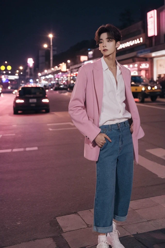 Mejor calidad,obra maestra,high resolution,1 chico,Modelo de moda,enfoque masculino,Solo,city night seoul south korea , 20 years , pelo rosa pastel, kpop dancer