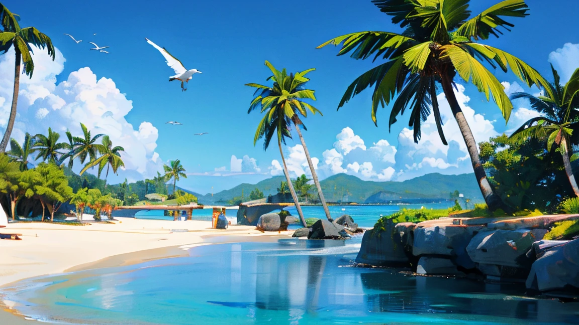 (best quality,4k,8k,highres,masterpiece:1.2),ultra-detailed,(realistic,photorealistic,photo-realistic:1.37),tropical island,tall palm trees,fluffy clouds,crystal clear ocean,blue sky,landscape,vibrant colors,gentle breeze,natural beauty,sandy beach,tropical paradise,warm sunlight,serene atmosphere,spectacular view,waves crashing,splashing water,seagulls flying,coconut trees swaying,tranquil surroundings,blissful tranquility