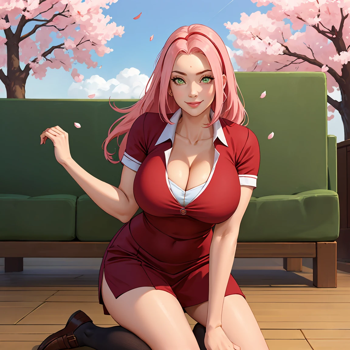 2 girls, (((formal revealing outfit, school uniform))), masterpiece， Best quality at best, Sakura Haruno， huge breasts, thicc,cleavage)，（upperbody closeup)，Raised sexy，is shy，smile，with pink hair， long hair， （Green eyeballs:1.4)， Forehead protection， the cherry trees，Cherry blossoms flying，Red clothes, busty figure, whole body, she is streching on the floor revealing her inner thight and pussy, no panties, flexing both legs in opposite direction