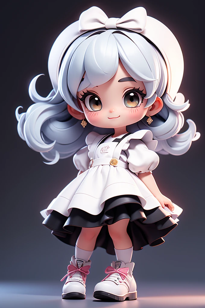 masterpiece, best quality, a cute chibi girl smiling, ((black)) hair, (((white pinafore dress))), (((short puffy sleeves shirt))), white hairbow, shite socks, (((black))) mary jane pumps, school backpack, (((full body)))