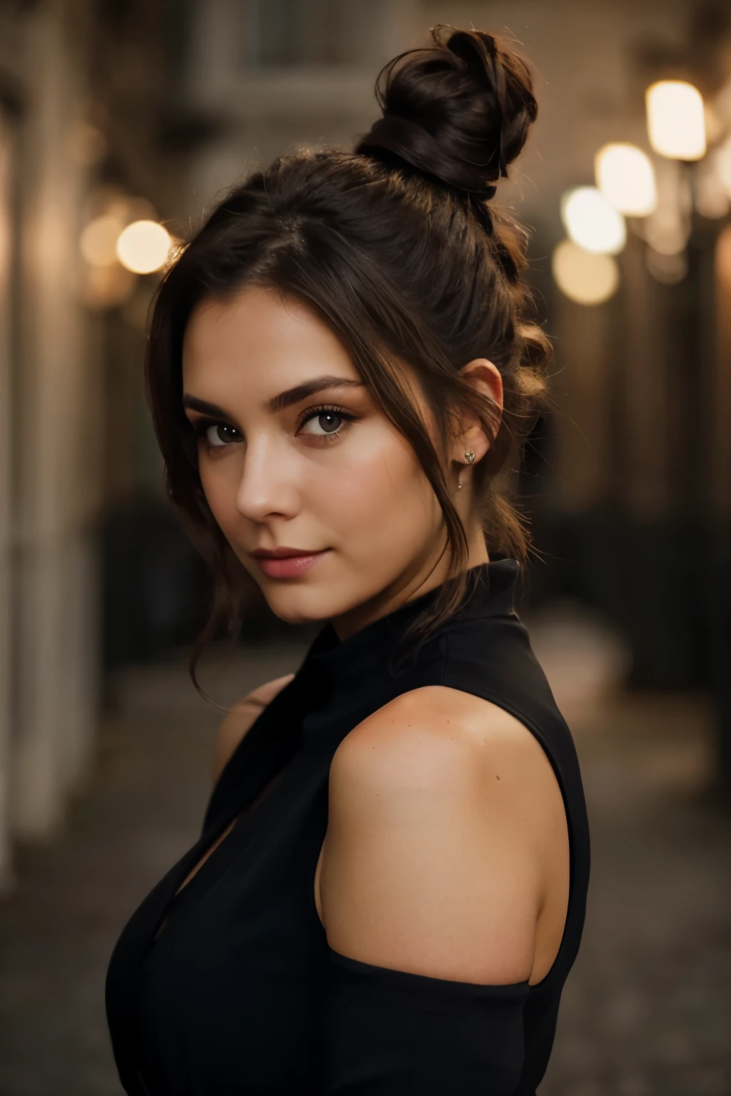 eye contact of brunette with bun hair and dark theme, Curvy, beautiful, natural and charming