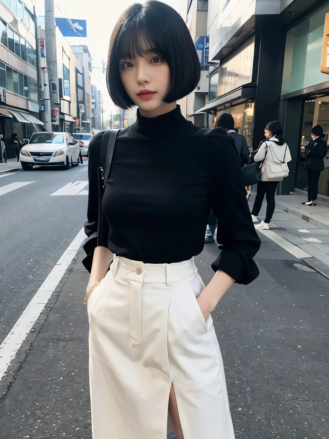 Bewitching eyes, well-balanced eyes, //street snap //wearing fashionable "LOUIS VUITTON" clothes, //breast focus, ((facing viewer)), //at the street in tokyo, //japanese lady, pale skin, bob cut, black hair, dark blue hair, blunt bangs,//((standing)), high quality:1.3, Professional lighting:2.0 realistic:1.2, 4k resolution, detailed skin, masterpiece:1.1