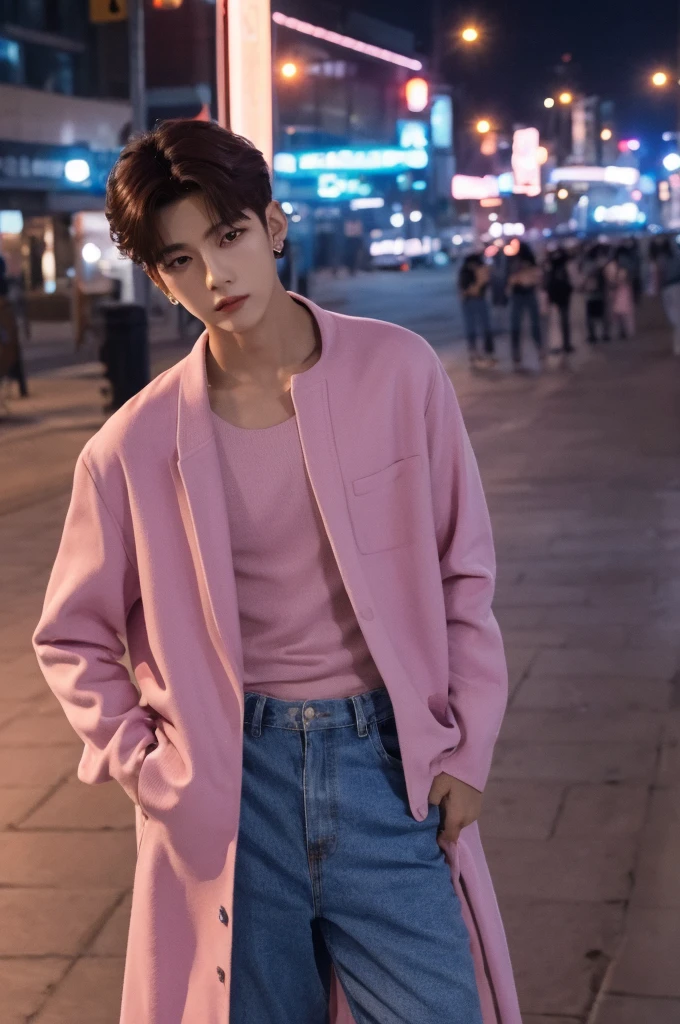 Mejor calidad,obra maestra,high resolution,1 chico,Modelo de moda,enfoque masculino,Solo,city night seoul south korea ,  20 years , pelo rosa pastel, kpop dancer