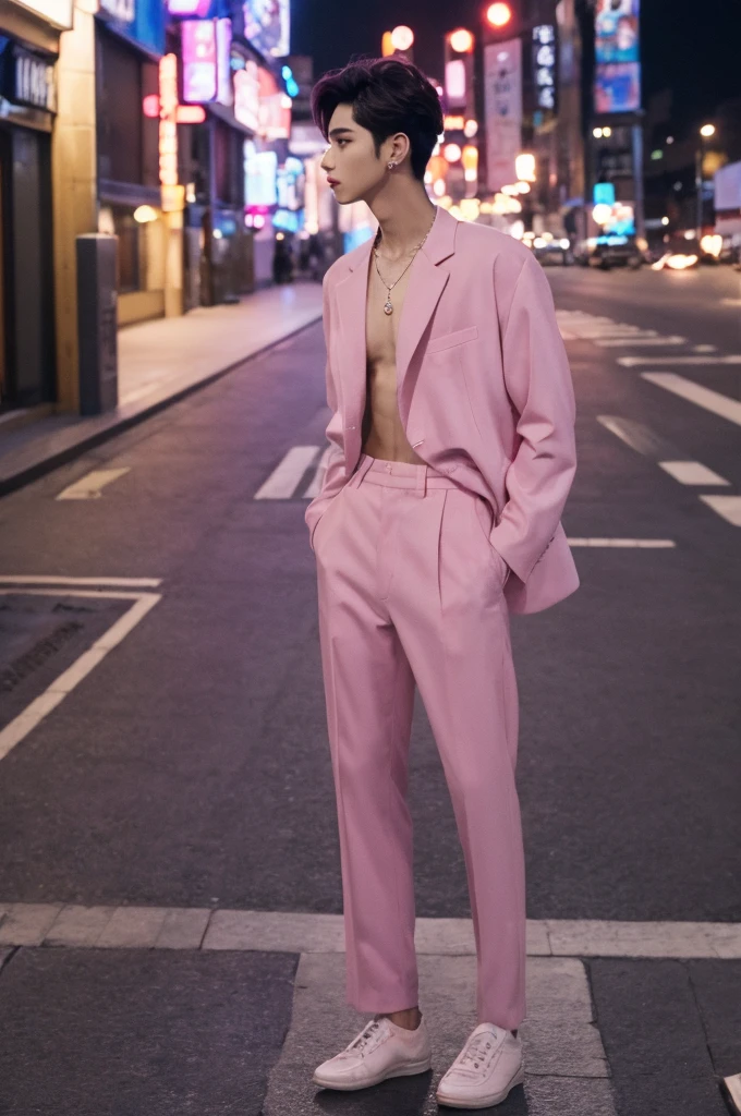 Mejor calidad,obra maestra,high resolution,1 chico,Modelo de moda,enfoque masculino,Solo,city night seoul south korea ,  20 years , pelo rosa pastel, kpop dancer