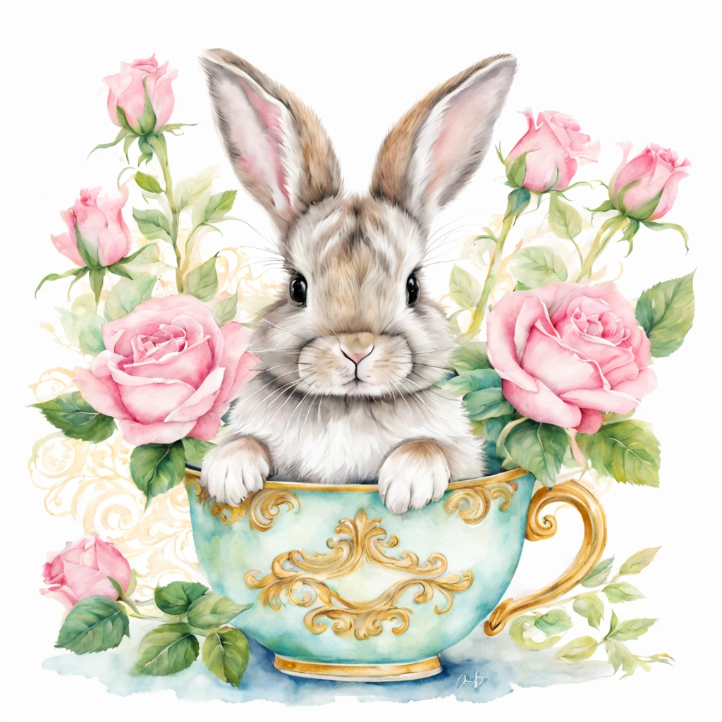 Beautiful cute baby bunny sits in a cup, pink roses, garden, beautiful, baroque, ultra realistic, realistic watercolor+pencil, abstract background, filigree, high octane, green, grey, minty, gold, blue, white