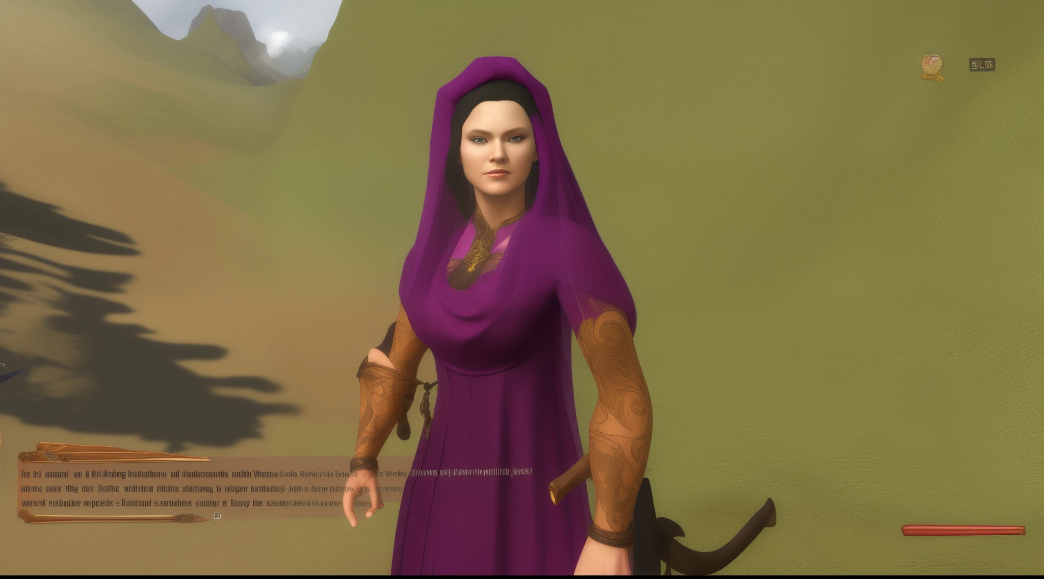 woman with black hair, a purple oriental veil, and a dress, carries a scimitar on her scabbard