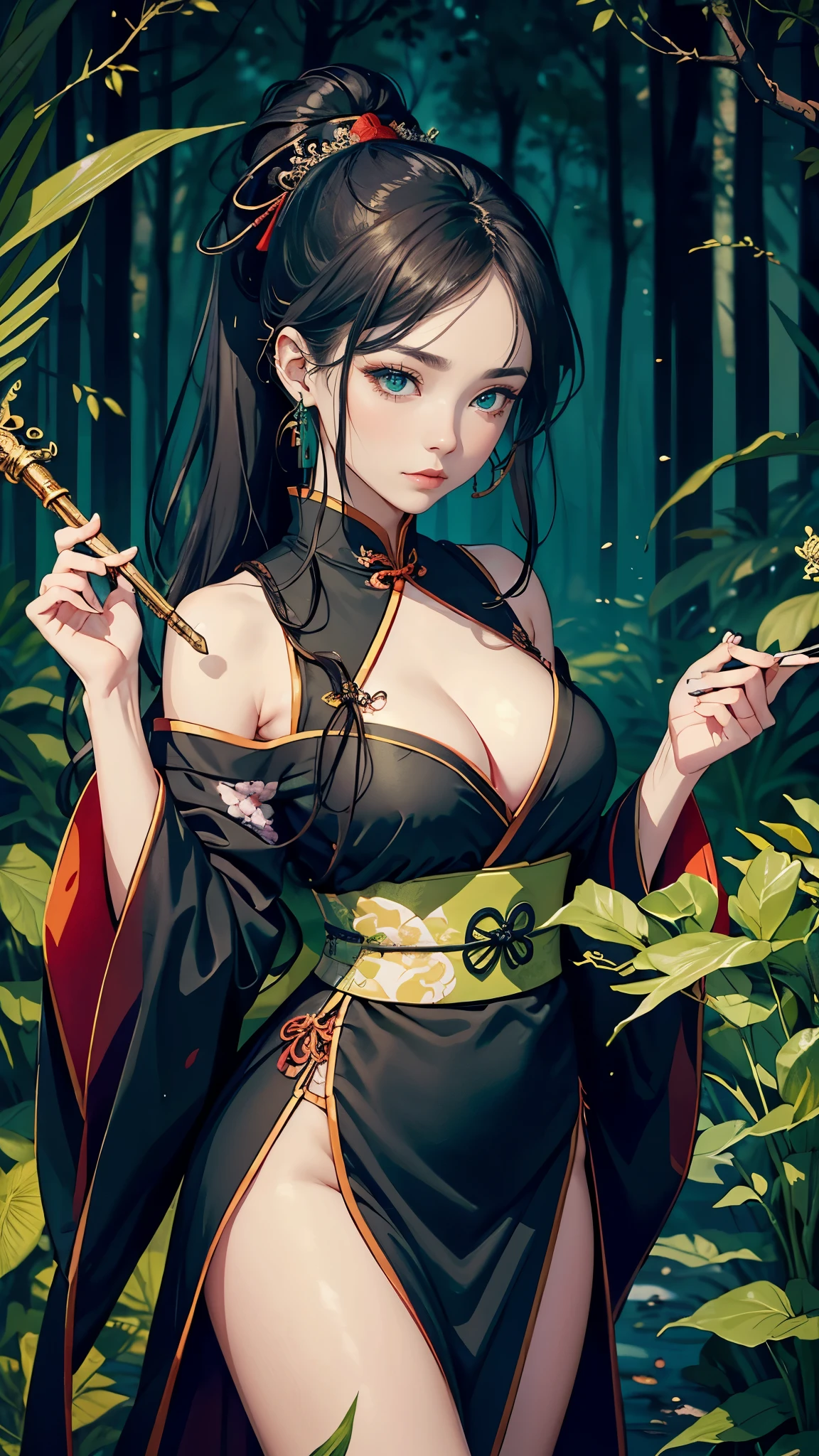 (masterpiece, High quality, absurdity), Detailed eyes and face, Chinese magic costume, ((chinese kimono)), Lace-up sandals, magic, Exorcism of spirits, Chinese monastic attire, the flute, Play the the flute, bright colors, neon lights, A magical forest, day, The sun in the sky, Master of the Devil Cult, Chinese Sword, water drop, very green, 1Woman, black long wavy hair, Messy hair bun, Hair gathered in a ponytail, green eyes, perfect face, perfect body, ((Best quality)), ((masterpiece)),