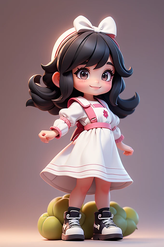 masterpiece, best quality, a cute chibi girl smiling, (((black hair))), (((white pinafore dress))), (((short puffy sleeves shirt))), white hairbow, white socks, (((black))) mary jane pumps, school backpack, (((full body)))