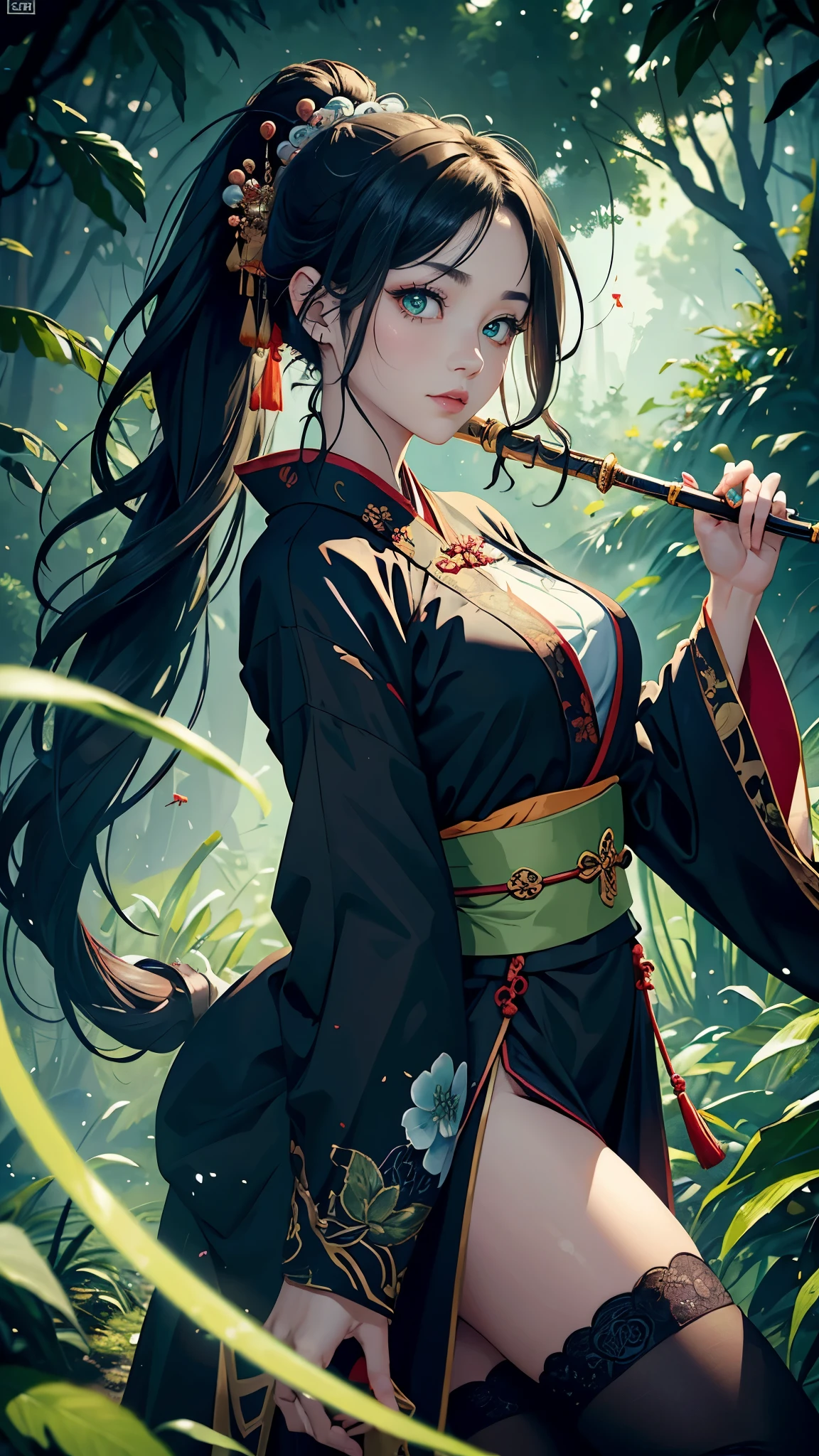 (masterpiece, High quality, absurdity), Detailed eyes and face, Chinese magic costume, ((chinese kimono)), Lace-up sandals, magic, Exorcism of spirits, Chinese monastic attire, the flute, Play the the flute, bright colors, neon lights, A magical forest, day, The sun in the sky, Master of the Devil Cult, Chinese Sword, water drop, very green, 1Woman, black long wavy hair, Messy hair bun, Hair gathered in a ponytail, green eyes, perfect face, perfect body, ((Best quality)), ((masterpiece)),