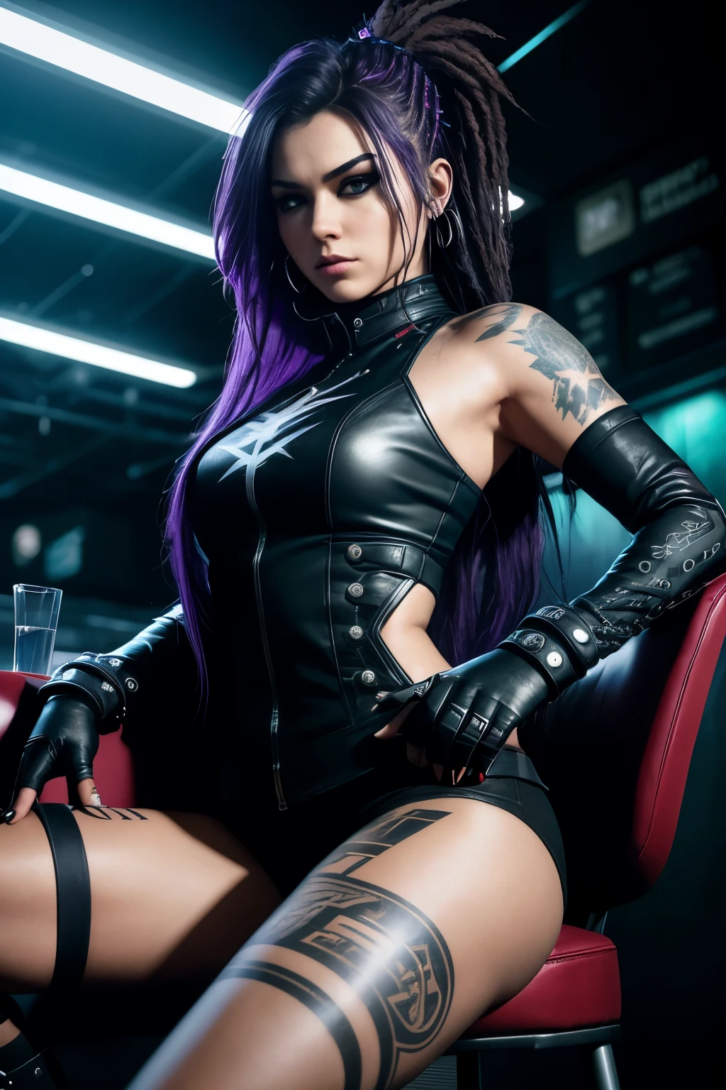 In the dimly lit, futuristic bar, a serious-looking girl with Black MetalStyle and Metalhead flair is seated, her wide hips taking up a significant portion of the chair. Her full body is clad in edgy, Fortnite-inspired attire that gleams under the Unreal Engine 5.2's cinematic lighting. Her punk rock attitude is emphasized by her unkempt hair that cascades around her shoulders. The air around her crackles with intensity as she stares straight ahead, her piercing eyes fixed on an unknown target. The image is meticulously detailed, providing a resolution of 8K UHD and 20MP, with the F