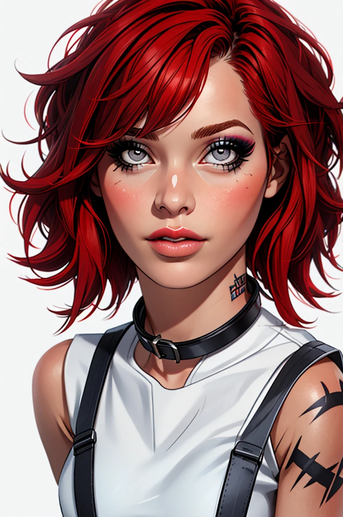 1girl, solo, breasts, looking at viewer, short hair, bangs, simple background, white background, upper body, red hair, collar, lips, grey eyes, eyelashes, tattoo, makeup, realistic