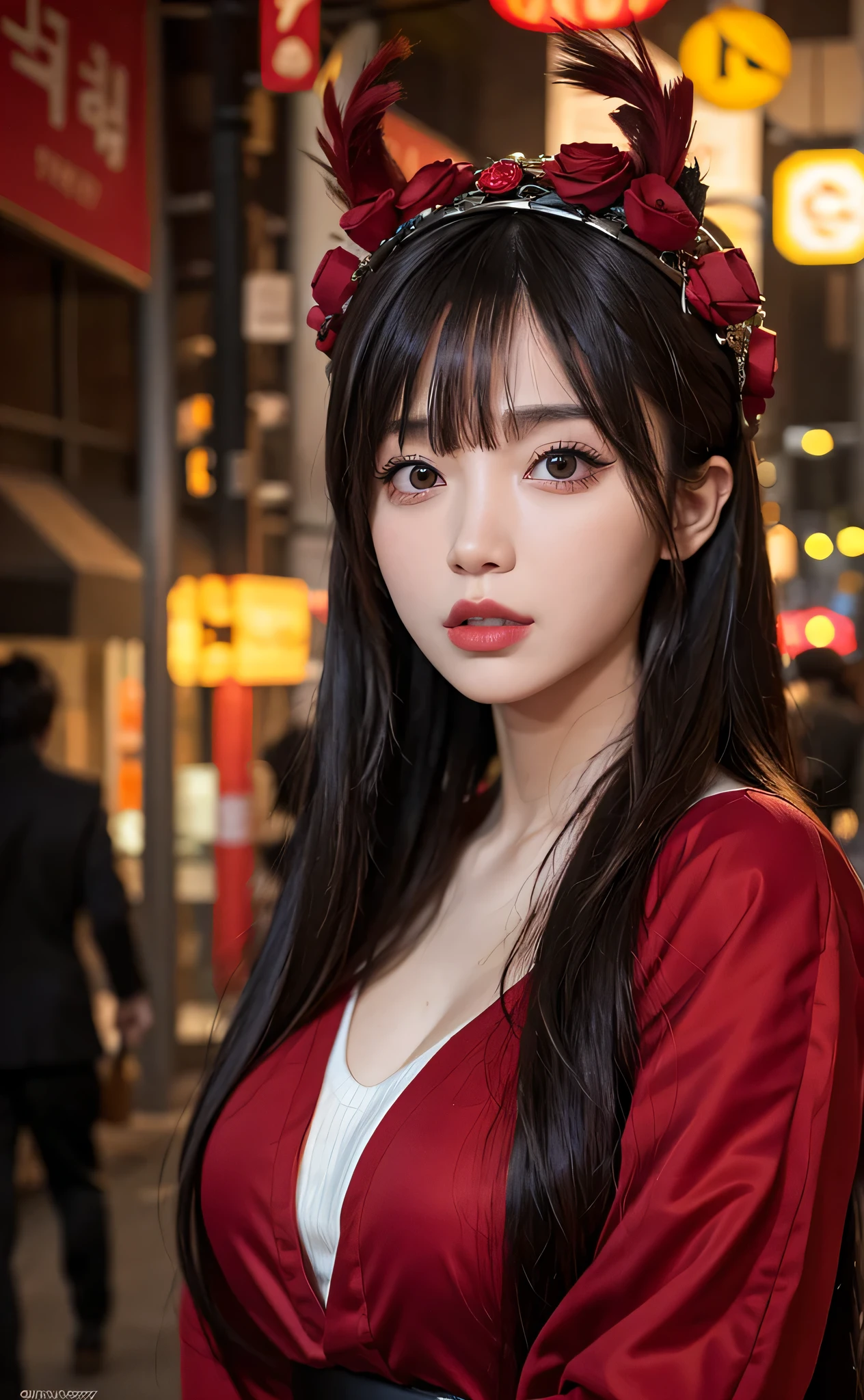 1 woman, Seoul Tokyo Street,night, cityscape,city lights, upper body,enlargement, 8 thousand, RAW photos, best quality, masterpiece,realistic, photo-realistic,red rose headdress, Split bangs, long hair,